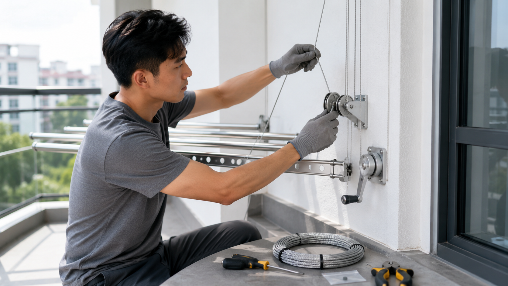 Ảnh 4 - Ảnh kỹ thuật viên thay dây cáp inox cho giàn phơi thông minh
