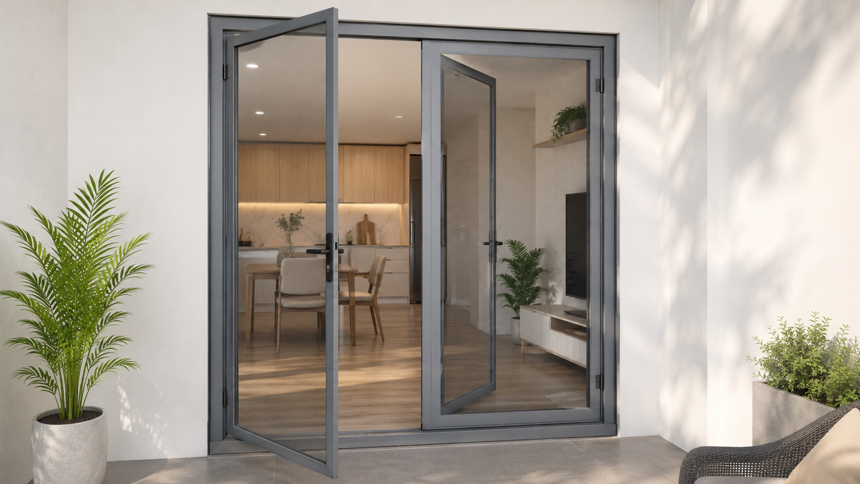 2 - Ảnh cửa lưới 2 cánh mở quay đang mở một phần