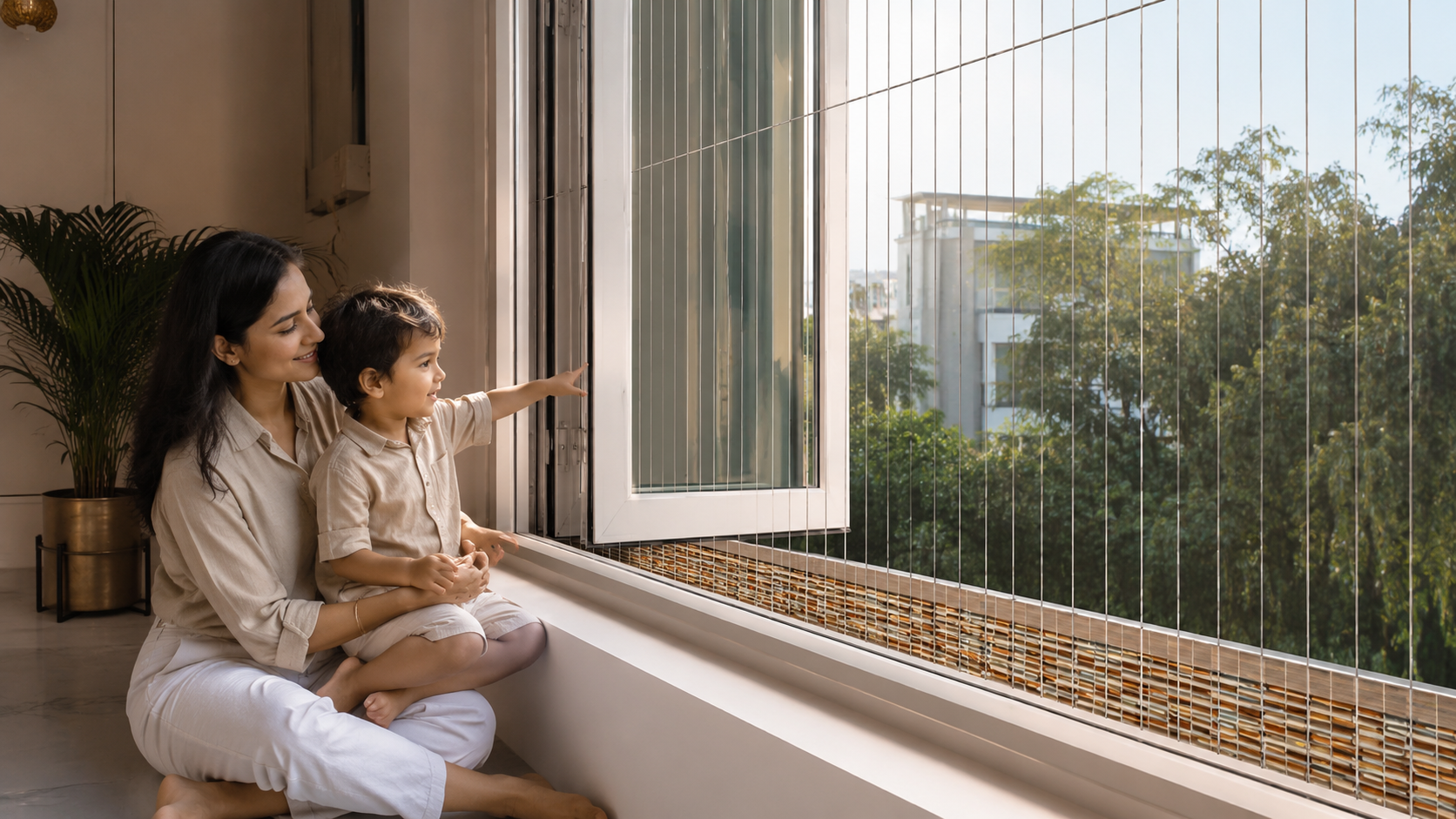 3 - Gia đình có trẻ nhỏ đứng gần ban công đã lắp lưới, không tạo cảm giác căng thẳng.