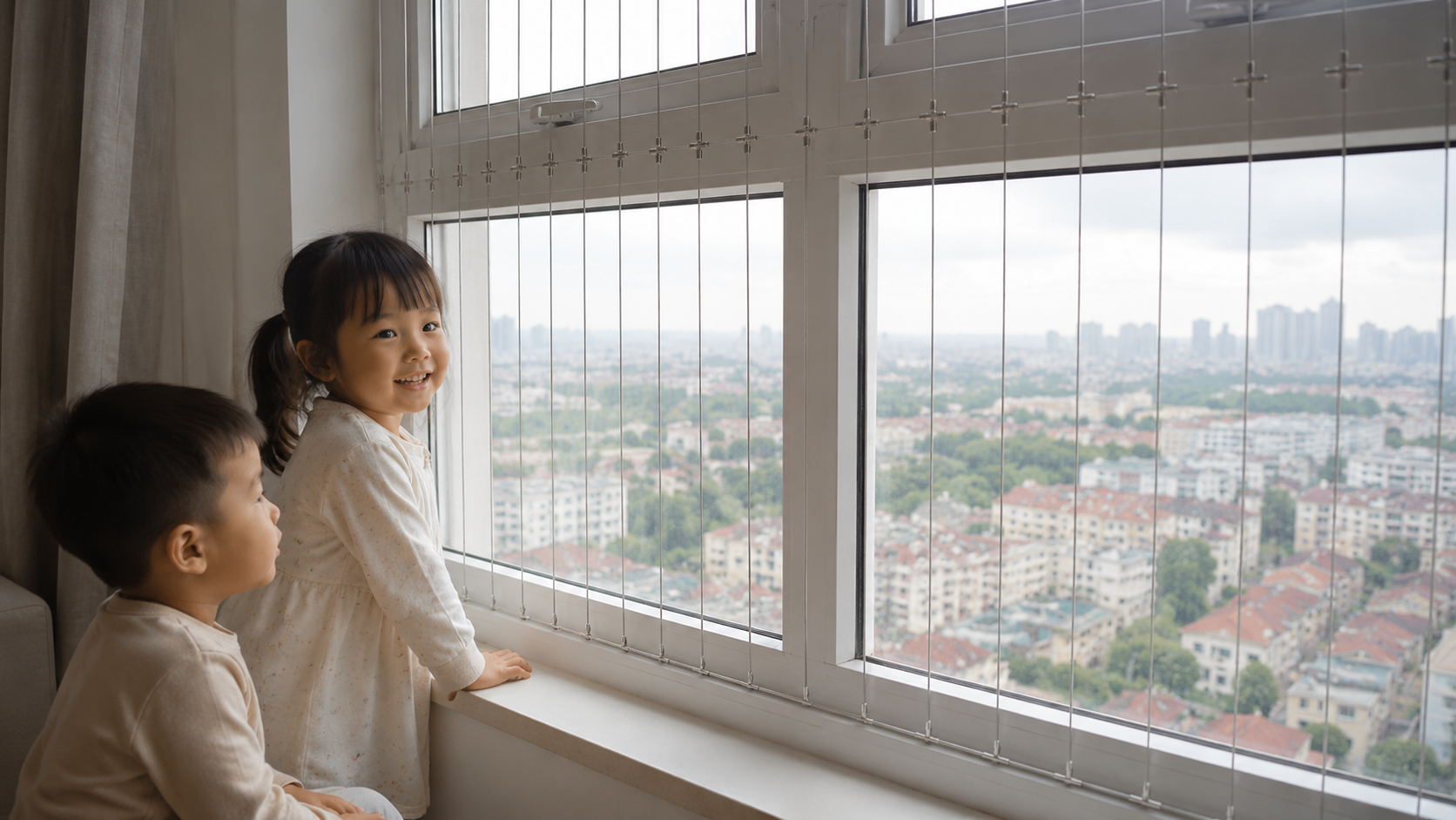 3 - Gia đình có trẻ nhỏ sinh hoạt an toàn gần cửa sổ đã lắp lưới.