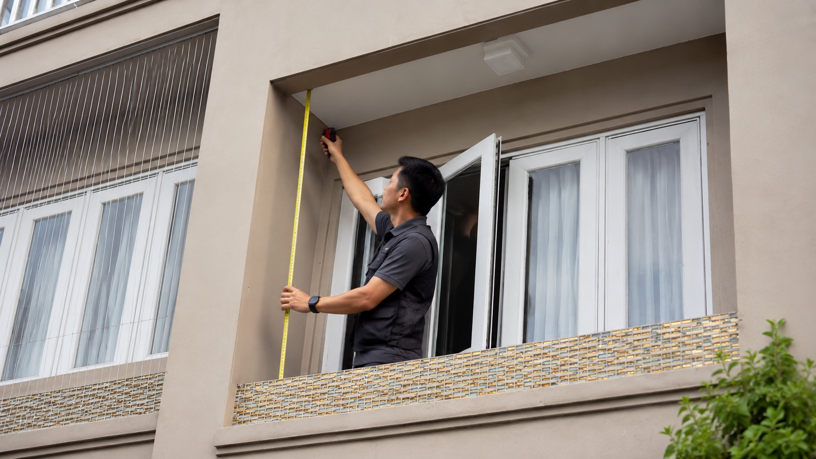 5 - Kỹ thuật viên khảo sát, đo kích thước khu vực ban công.