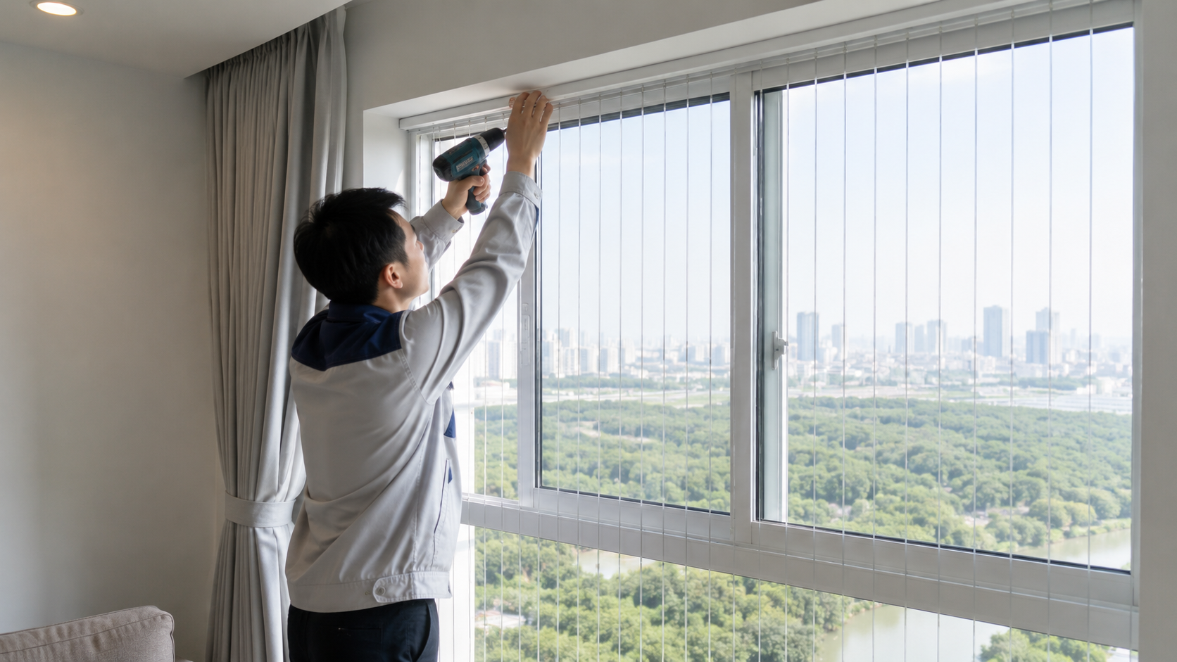 5 - Kỹ thuật viên lắp đặt, căn chỉnh cáp và thanh nhôm tại cửa sổ.