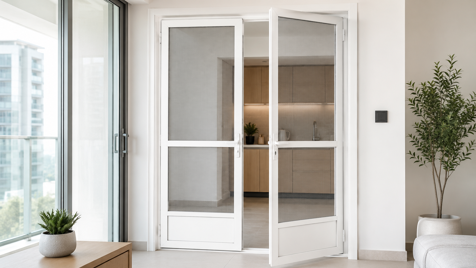 6 - Ảnh cửa lưới 2 cánh mở quay màu trắng sứ