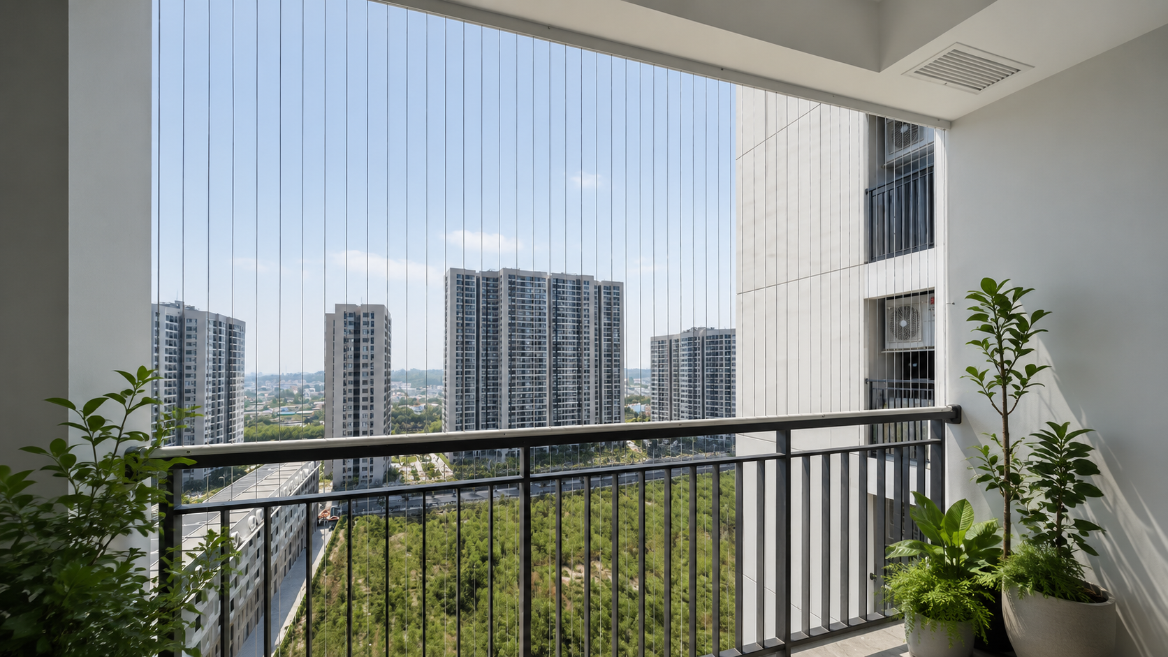 6 - Không gian ban công sau khi lắp lưới vẫn thoáng, có cây xanh và ánh sáng tự