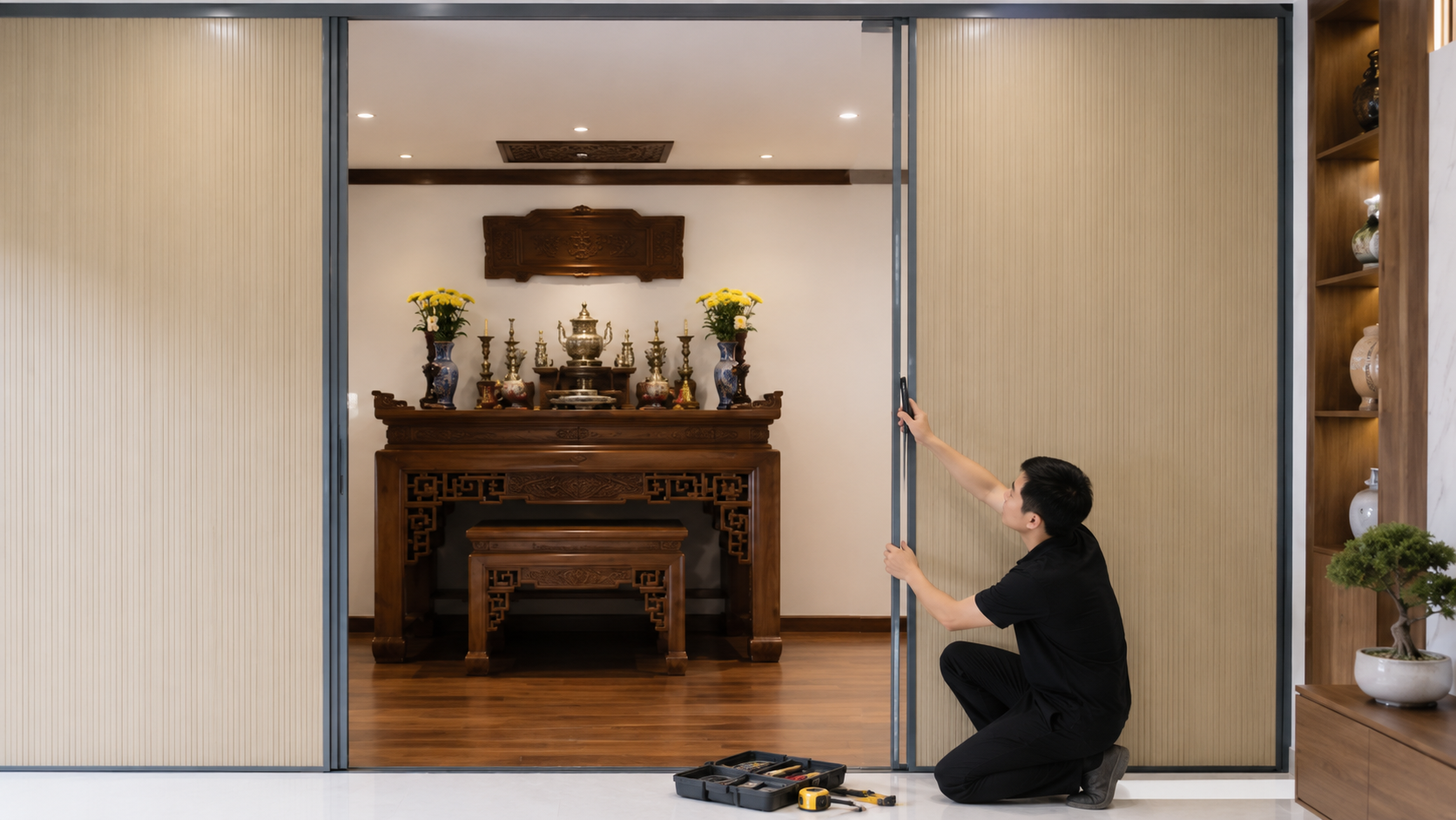 Ảnh 5 - Kỹ thuật viên đang đo đạc hoặc lắp đặt vách rèm tổ ong ngăn phòng thờ