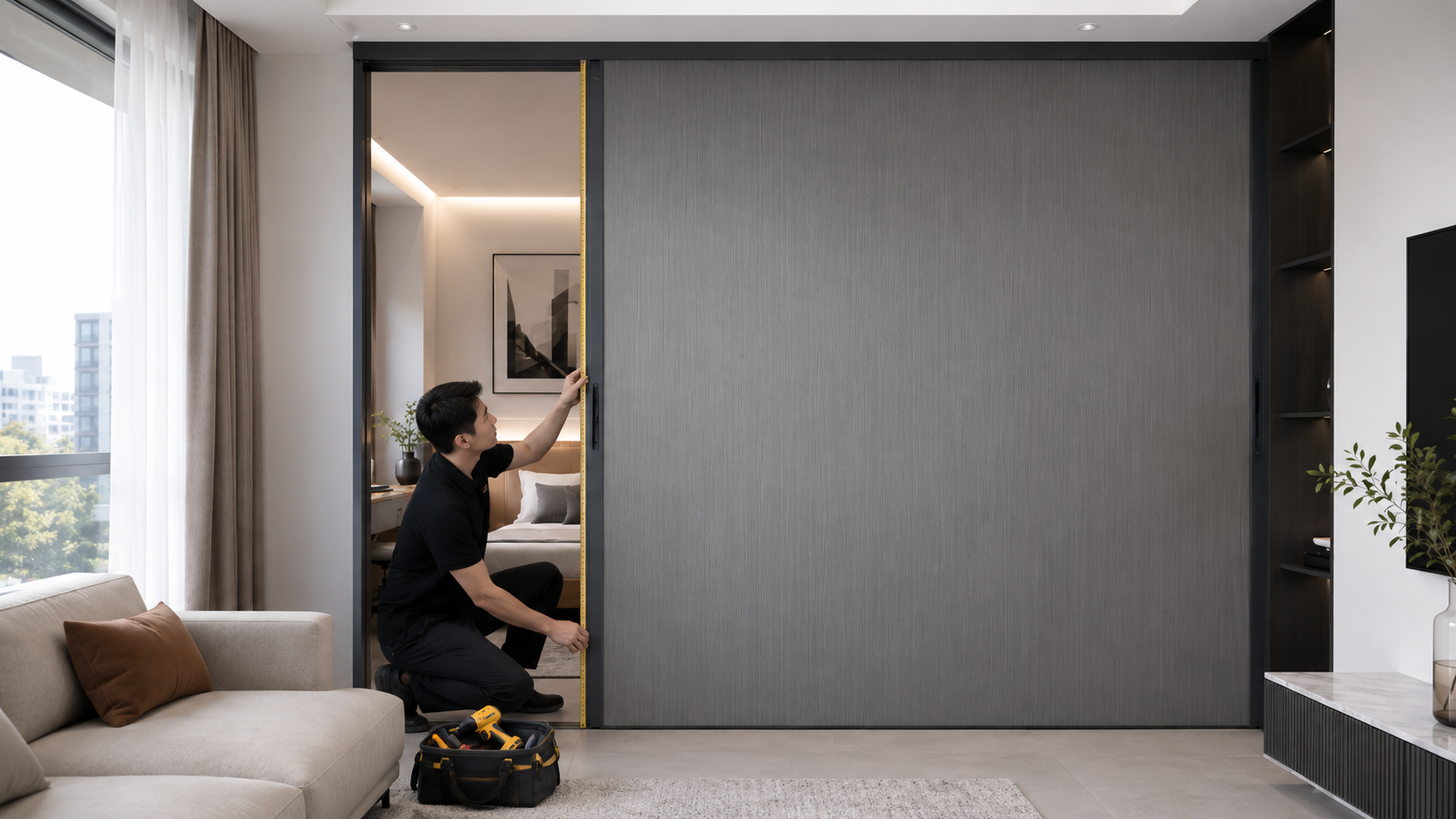 Ảnh 5 - Kỹ thuật viên khảo sát và lắp đặt rèm tổ ong ngăn phòng