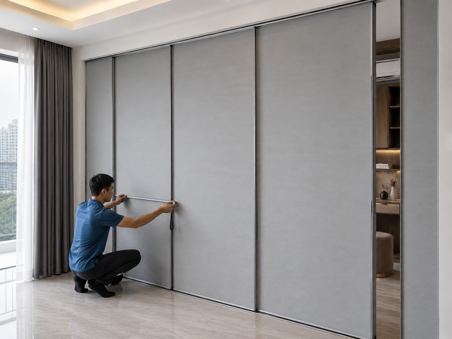 Ảnh 5 - Quy trình thi công thực tế, kỹ thuật viên đang đo kích thước hoặc kiểm tra hệ ray