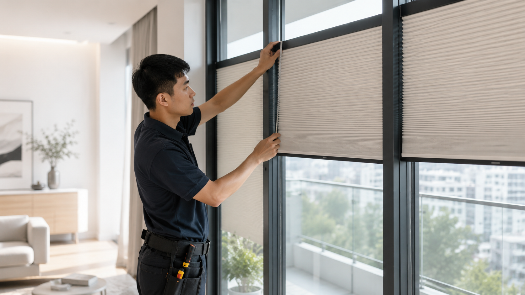 Ảnh 5 - Quy trình tư vấn và lắp đặt, kỹ thuật viên đang đo kích thước