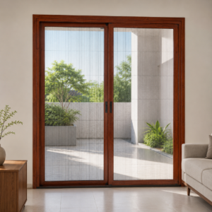 Cửa lưới chống muỗi 2 cánh dạng lùa màu vân gỗ HCM