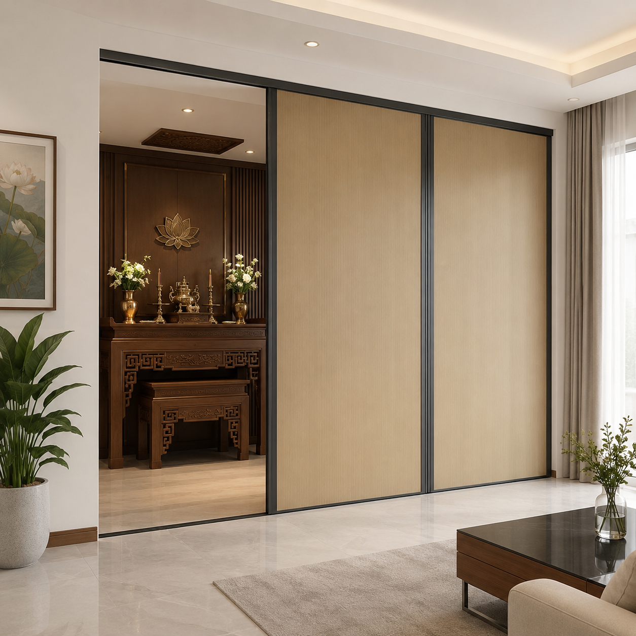 Vách rèm tổ ong ngăn phòng thờ